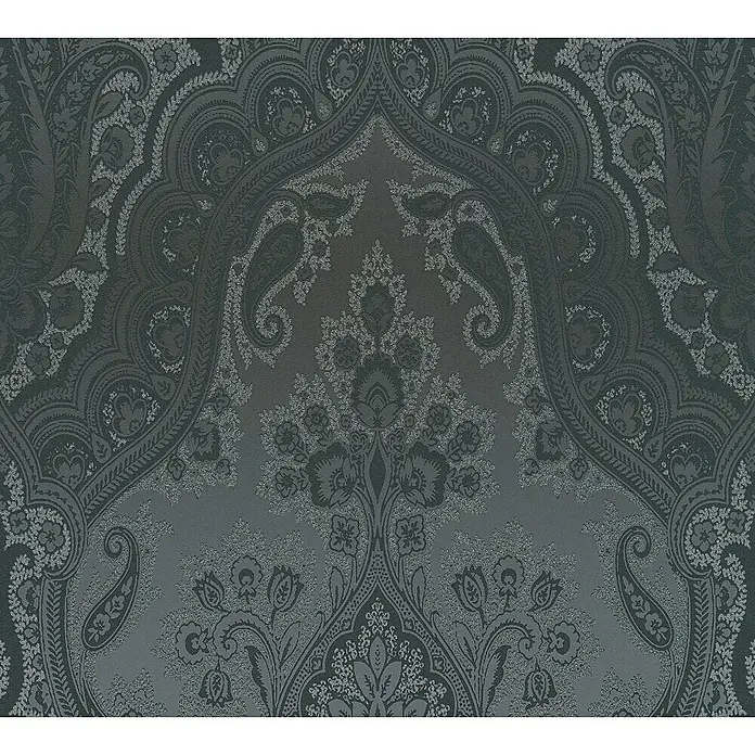 Tadessi Vliestapete M1-No.1855 - Schwarz, Ornament, 10,05 x 0,53 m - Dunkelgraue, texturierte Tapete mit einem aufwendigen, traditionellen Damast- und Paisleymuster.