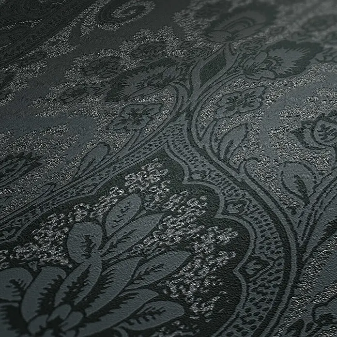 Tadessi Vliestapete M1-No.1855 - Schwarz, Ornament, 10,05 x 0,53 m - Dunkelgraue Prägetapete mit schimmerndem Damastmuster.