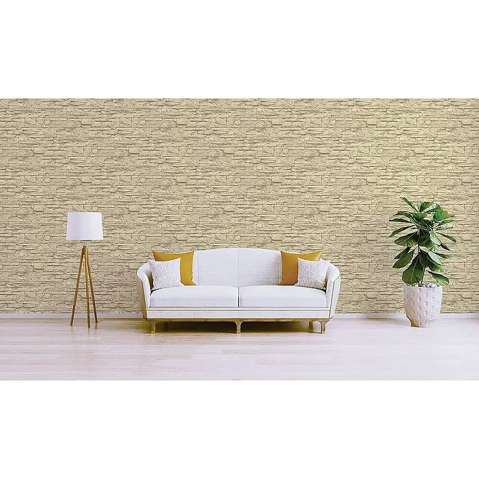 Tadessi Vliestapete M1-No.3639 - Creme, Steinoptik, 10,05 x 0,53 m - Beige Tapete mit realistischem Stapelsteinmuster, die eine natürliche Raumtextur verleiht.