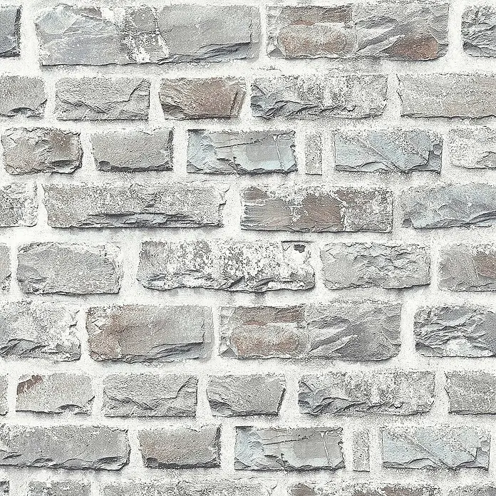 Tadessi Vliestapete M1-No.161 - Mehrfarbig, Steinoptik, 10,05 x 0,53 m - Rustikales Steinwandmuster mit unregelmäßigen hellgrauen und braunen Ziegeln und weißem Mörtel, für eine verwitterte Optik.