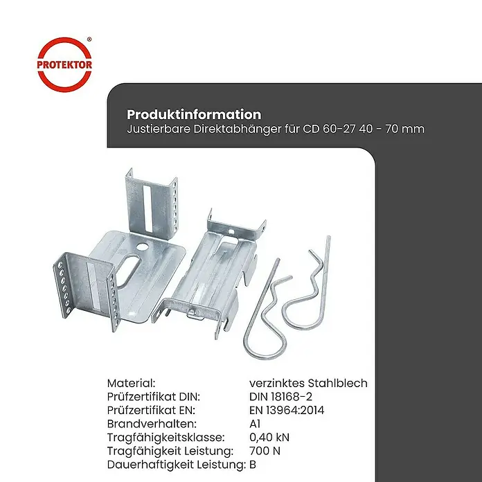 Protektor Montagezubehör für Trockenbau 50x Direktabhänger 40-70mm justierbar für CD Profil 60/27 Silber - 