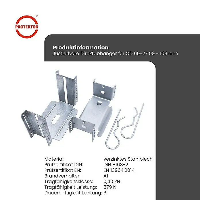 Protektor Montagezubehör für Trockenbau 100x Direktabhänger 59-108mm justierbar für CD Profil 60/27 Silber - 