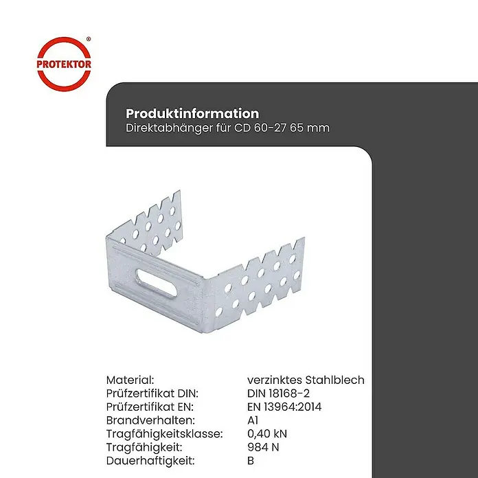 Protektor Montagezubehör für Trockenbau 100x Direktabhänger 65mm Deckenabhänger für CD Profil 60/27 Silber - 