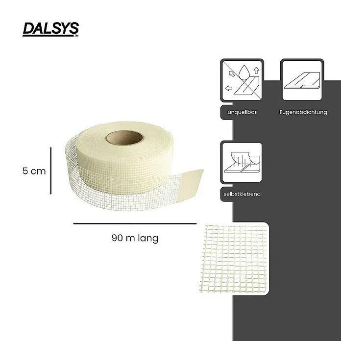 Dalsys Fugenband 90m Gewebeband 5cm, für Innenbau Weiß - 