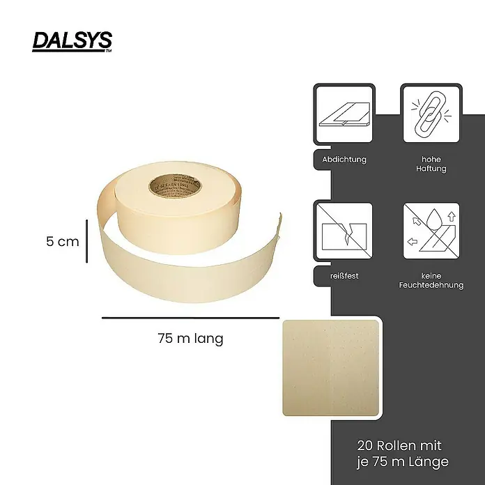 Dalsys Fugenband 20x Fugendeckstreifen 75m Fugenband Papier Weiß - 
