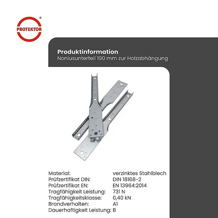 Protektor Montagezubehör für Trockenbau 190mm Nonius Unterteil Holzabhängung Silber - 