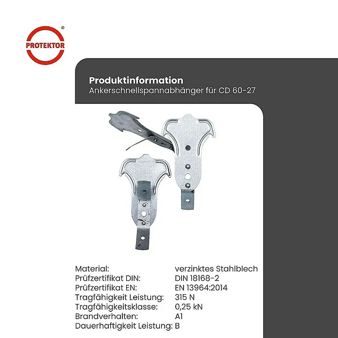Protektor Montagezubehör für Trockenbau Schnellabhänger CD Profil 60/27 Silber - 