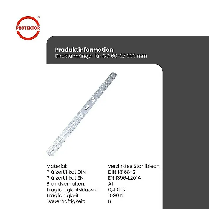 Protektor Montagezubehör für Trockenbau 100x Direktabhänger 200mm flach für CD Profil 60/27 Silber - 