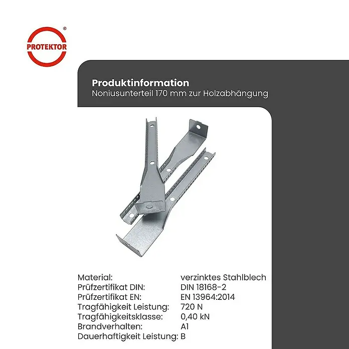 Protektor Montagezubehör für Trockenbau 170mm Nonius Unterteil abgewinkelt Holzabhängung Silber - 