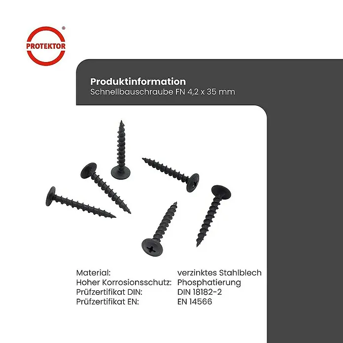 Protektor Montagezubehör für Trockenbau 200x Schnellbauschraube 4,2mm x 35mm Feingewinde Schwarz - 
