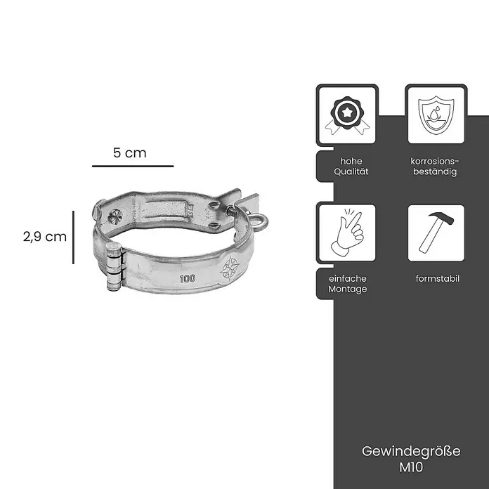 Zambelli Dachrinne Rohrschelle DN 100 /M10 verzinkt mit Gewindemuffe Silber - Nennweite: 120 mm, Stahl, Silber