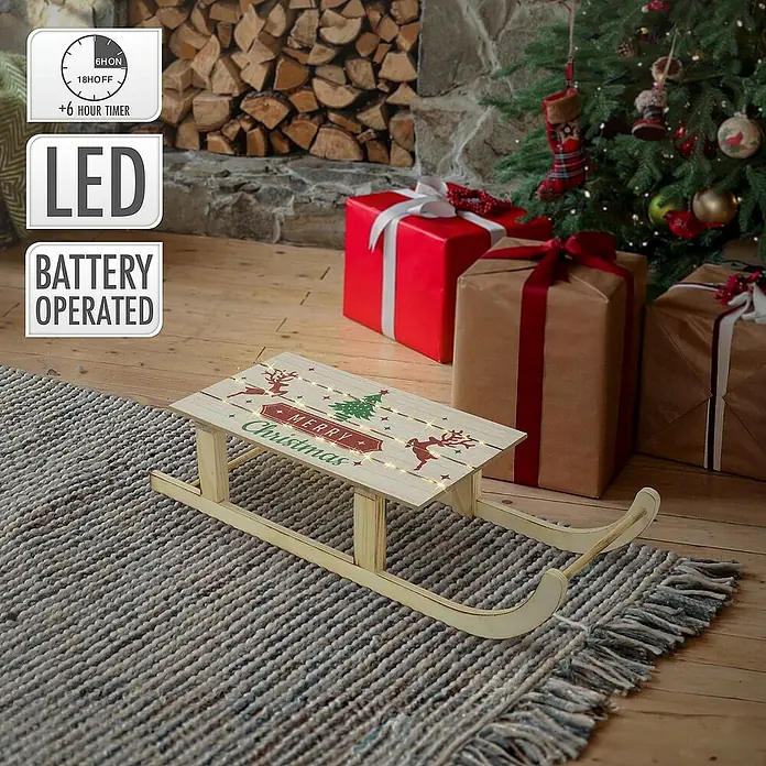 ECD Germany LED-Weihnachtsdekofigur Dekoschlitten Retro Rodel Holzschlitten Winterdeko - 60 x 21 x 13,5 cm, Braun, Akkubetrieben, LED