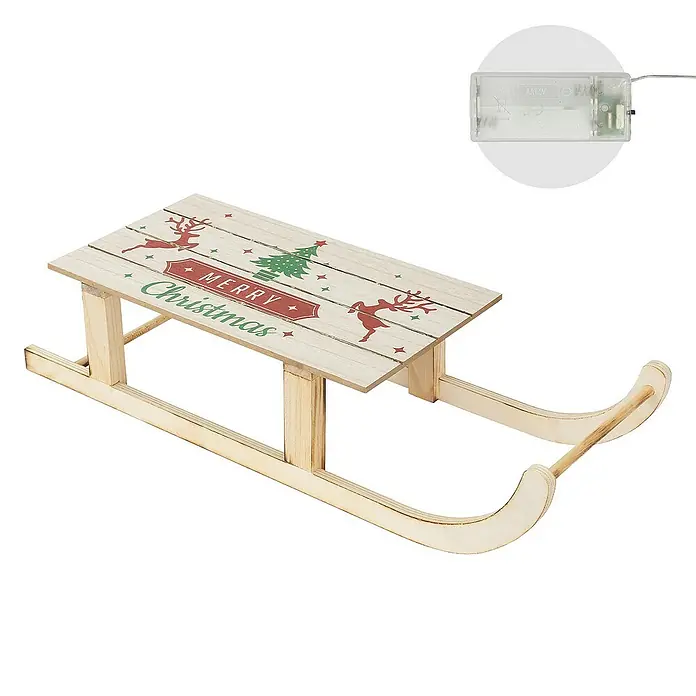ECD Germany LED-Weihnachtsdekofigur Dekoschlitten Retro Rodel Holzschlitten Winterdeko - 60 x 21 x 13,5 cm, Braun, Akkubetrieben, LED