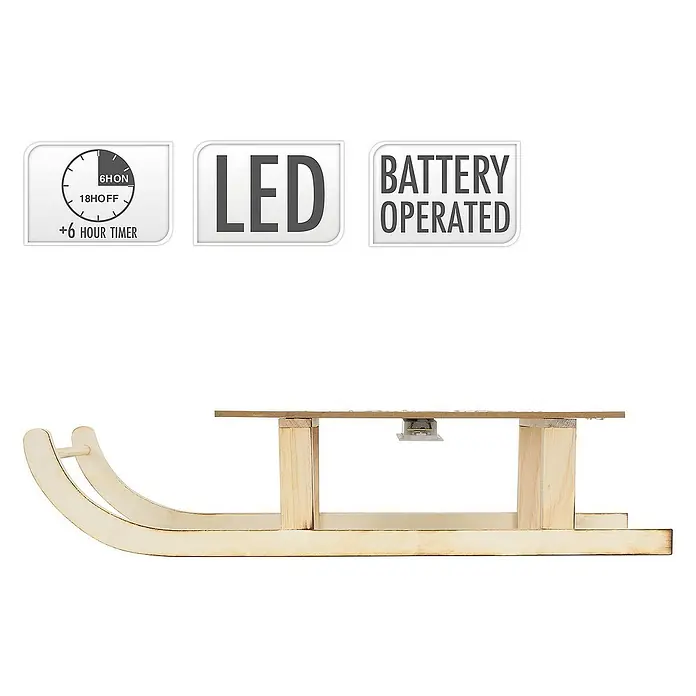 ECD Germany LED-Weihnachtsdekofigur Dekoschlitten Retro Rodel Holzschlitten Winterdeko - 60 x 21 x 13,5 cm, Braun, Akkubetrieben, LED