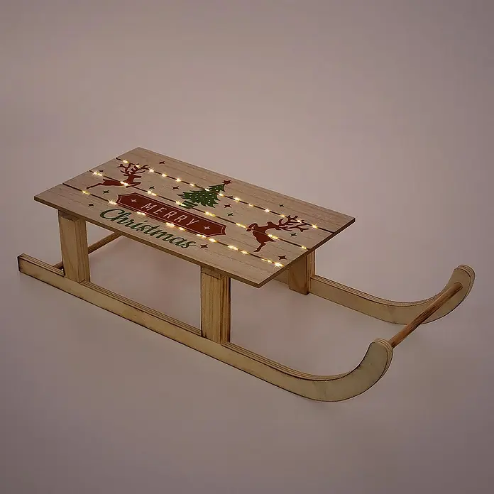 ECD Germany LED-Weihnachtsdekofigur Dekoschlitten Retro Rodel Holzschlitten Winterdeko - 60 x 21 x 13,5 cm, Braun, Akkubetrieben, LED