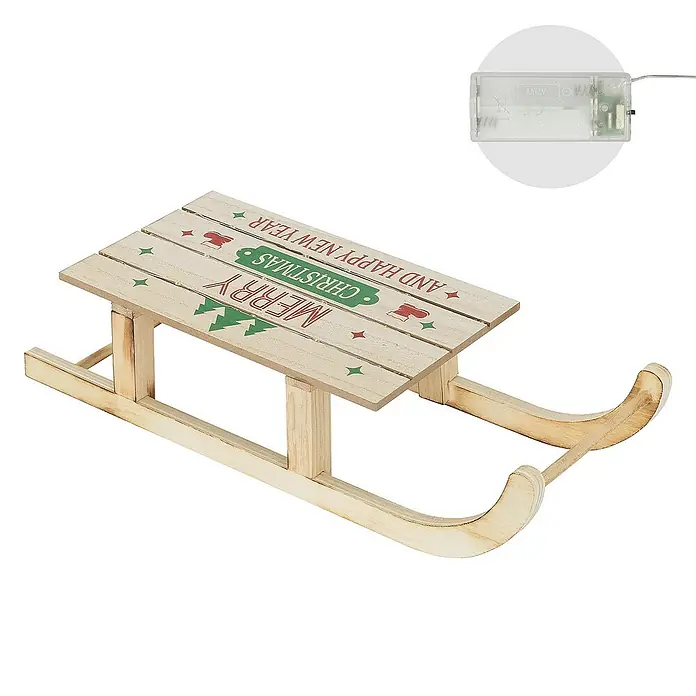 ECD Germany LED-Weihnachtsdekofigur Dekoschlitten Retro Rodel Holzschlitten Winterdeko - 42 x 16 x 9,5 cm, Braun, Akkubetrieben, LED