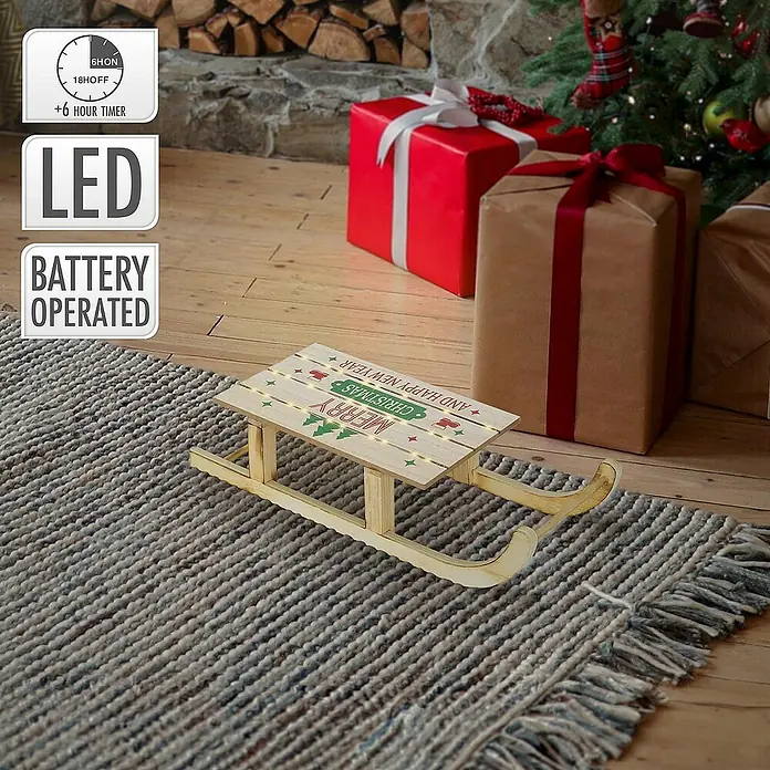 ECD Germany LED-Weihnachtsdekofigur Dekoschlitten Retro Rodel Holzschlitten Winterdeko - 42 x 16 x 9,5 cm, Braun, Akkubetrieben, LED