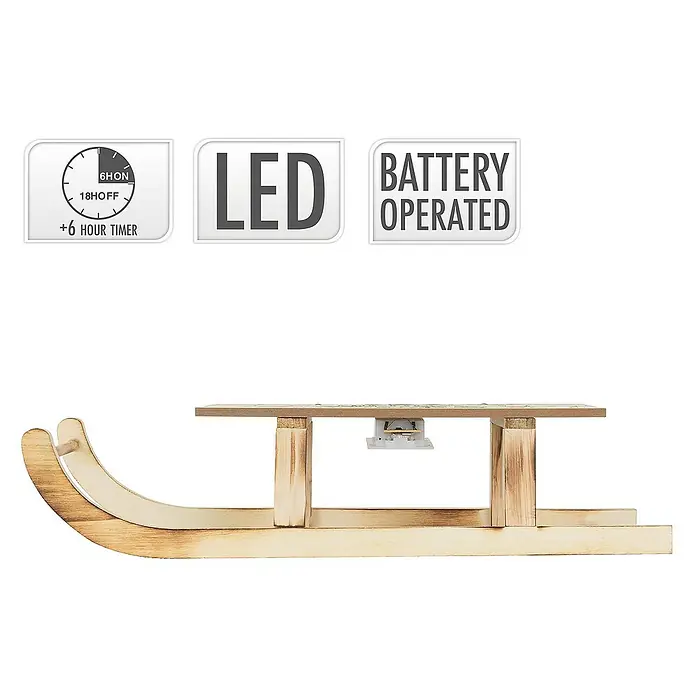 ECD Germany LED-Weihnachtsdekofigur Dekoschlitten Retro Rodel Holzschlitten Winterdeko - 42 x 16 x 9,5 cm, Braun, Akkubetrieben, LED