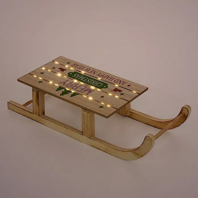 ECD Germany LED-Weihnachtsdekofigur Dekoschlitten Retro Rodel Holzschlitten Winterdeko - 42 x 16 x 9,5 cm, Braun, Akkubetrieben, LED