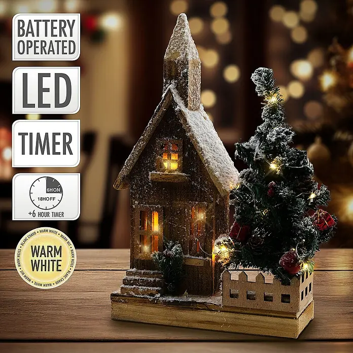 ECD Germany LED-Weihnachtsdekofigur Weihnachtshaus beleuchtete Winterlandschaft Winterdorf Deko Holzhaus - 27 x 11 x 44 cm, Braun, Weiß, Grün, Akkubetrieben, LED