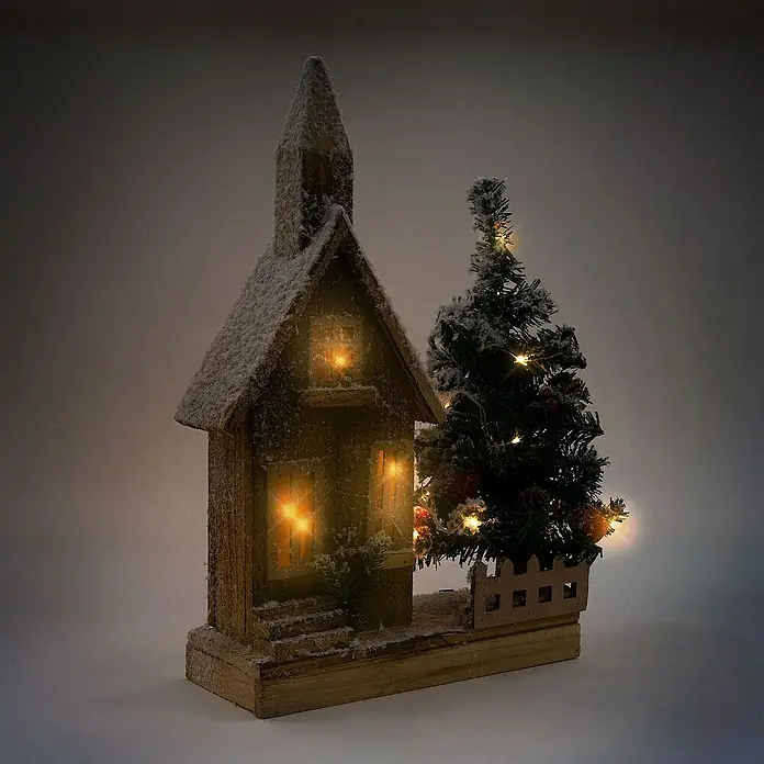 ECD Germany LED-Weihnachtsdekofigur Weihnachtshaus beleuchtete Winterlandschaft Winterdorf Deko Holzhaus - 27 x 11 x 44 cm, Braun, Weiß, Grün, Akkubetrieben, LED