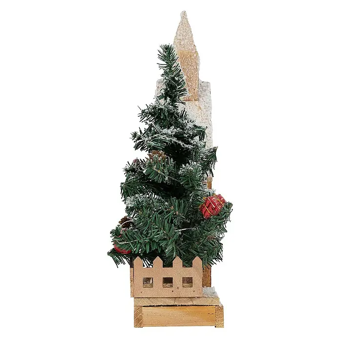 ECD Germany LED-Weihnachtsdekofigur Weihnachtshaus beleuchtete Winterlandschaft Winterdorf Deko Holzhaus - 27 x 11 x 44 cm, Braun, Weiß, Grün, Akkubetrieben, LED