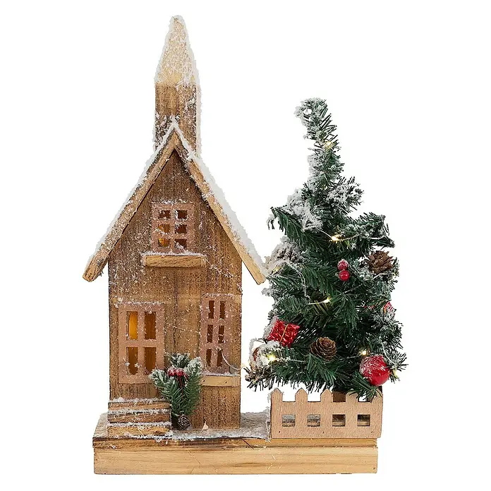 ECD Germany LED-Weihnachtsdekofigur Weihnachtshaus beleuchtete Winterlandschaft Winterdorf Deko Holzhaus - 27 x 11 x 44 cm, Braun, Weiß, Grün, Akkubetrieben, LED