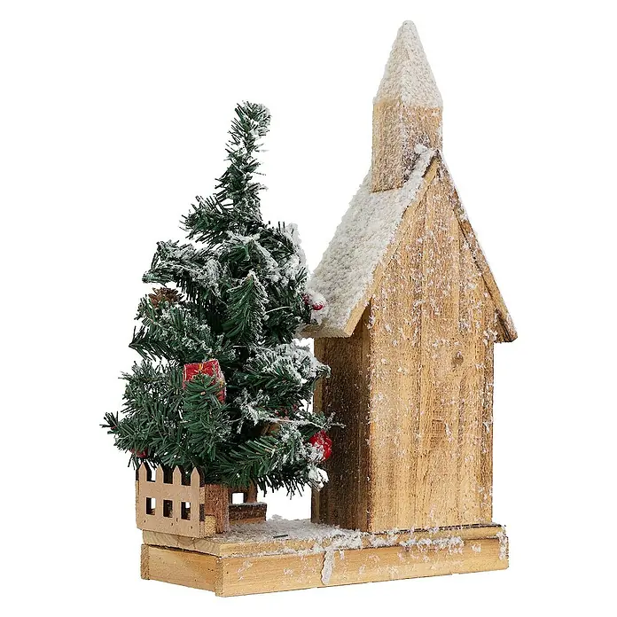 ECD Germany LED-Weihnachtsdekofigur Weihnachtshaus beleuchtete Winterlandschaft Winterdorf Deko Holzhaus - 27 x 11 x 44 cm, Braun, Weiß, Grün, Akkubetrieben, LED