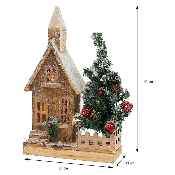 ECD Germany LED-Weihnachtsdekofigur Weihnachtshaus beleuchtete Winterlandschaft Winterdorf Deko Holzhaus - 27 x 11 x 44 cm, Braun, Weiß, Grün, Akkubetrieben, LED