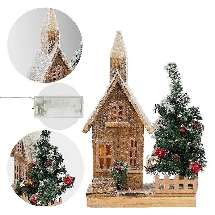 ECD Germany LED-Weihnachtsdekofigur Weihnachtshaus beleuchtete Winterlandschaft Winterdorf Deko Holzhaus - 27 x 11 x 44 cm, Braun, Weiß, Grün, Akkubetrieben, LED