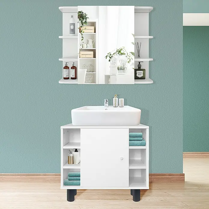 ML-Design Badmöbel-Set 2-tlg Waschtisch mit Unterschrank Spiegelschrank Badezimmer Schrank - Weiß