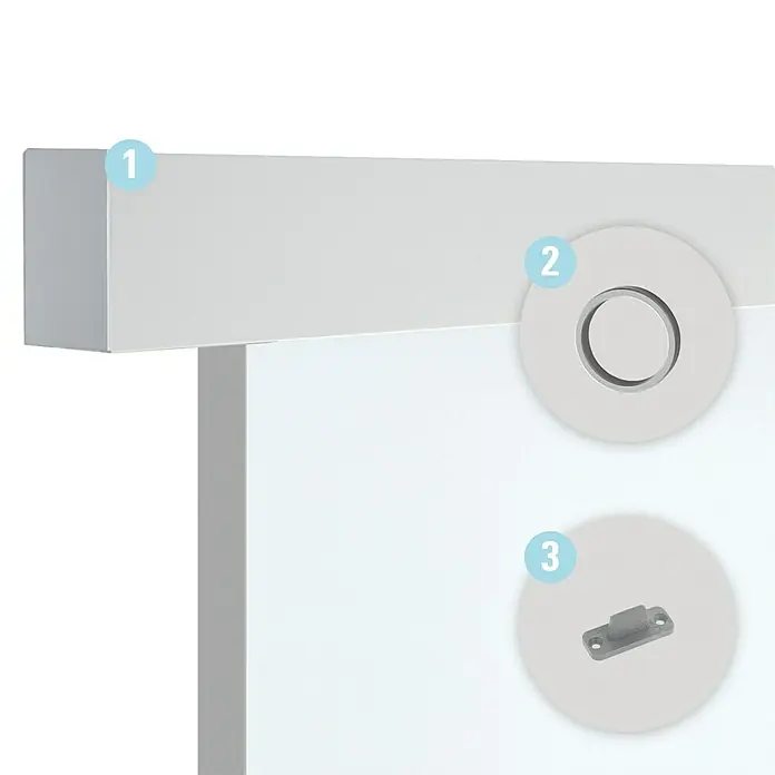 Diamond Doors Schiebetürbeschlag Linea 40 - Aluminium, Art Beschlag: Geschlossen, 1.900 mm, Passend für: Diamond Doors Holzschiebetüren - Detailansicht eines weißen Schiebetürsystems mit den Nummern 1, 2 und 3, die verschiedene Komponenten hervorheben.
