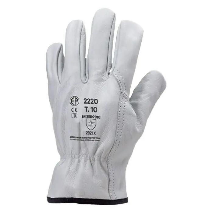 Guantes de trabajo Eurostrong 222 - 10, Gris, Cuero vacuno flor - Un guante de cuero blanco diseñado para protección y comodidad durante el trabajo. Perfecto para diversas aplicaciones.