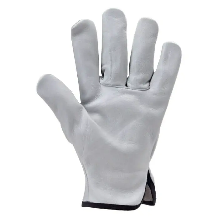 Guantes de trabajo Eurostrong 222 - 10, Gris, Cuero vacuno flor - Guante de cuero gris con dedos reforzados y borde negro, ideal para trabajo y protección.