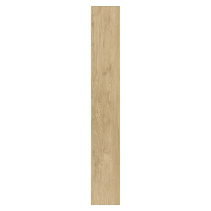 Suelo vinílico SPC Mana - 1.222 x 182 x 1,5 mm, Marrón, Resistente al agua - Detalle de una lama de madera clara y natural con una veta fina, ideal para suelos y diseños de muebles elegantes.