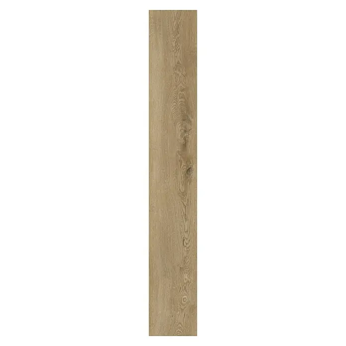 Suelo vinílico SPC Cervino - 1.222 x 182 x 1,5 mm, Marrón, Resistente al agua - Imagen detallada de una sola tabla de madera, destacando la veta y la textura natural de la madera.