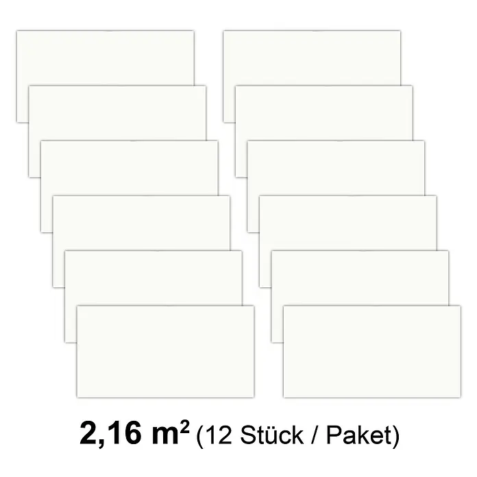 Revêt Wandpaneel SPC Wall - 600 x 300 mm, Weiß, Hochglänzend - Das Bild zeigt ein Paket mit 12 weißen Wandfliesen, die eine Fläche von 2,16 m² abdecken. Ideal für Bad oder Küche.
