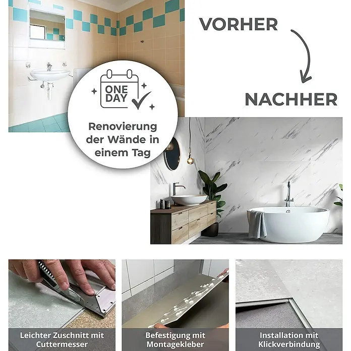Revêt Wandpaneel SPC Wall - 600 x 300 mm, Weiß, Hochglänzend - Vorher-Nachher-Vergleich eines Badezimmers nach einer Wandrenovierung mit einfachen Schritten: Zuschnitt, Kleben und Klickverbindung.