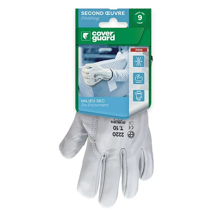 Guantes de trabajo Eurostrong 222 - 10, Gris, Cuero vacuno flor - Primer plano de un guante Cover Guard Second Œuvre Finishing, talla 9, adecuado para ambientes secos.