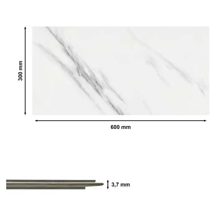 Revêt Wandpaneel SPC Wall - 600 x 300 mm, Marmor Weiß, Hochglänzend - Das Bild zeigt eine weiße Marmorfliese mit grauen Adern, die 600 mm breit, 300 mm hoch und 3,7 mm dick ist.