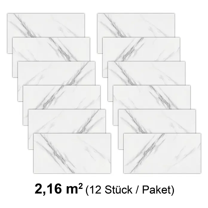 Revêt Wandpaneel SPC Wall - 600 x 300 mm, Marmor Weiß, Hochglänzend - Bild eines Pakets mit 12 weißen Marmorfliesen, die insgesamt 2,16 m² Fläche abdecken. Perfekt für stilvolle Boden- oder Wandgestaltungen.