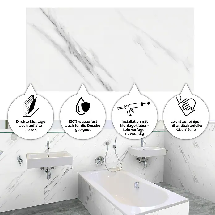 Revêt Wandpaneel SPC Wall - 600 x 300 mm, Marmor Weiß, Hochglänzend - Bild einer Badezimmerwandverkleidung in Marmoroptik mit Hinweisen zu Montage, Wasserdichtigkeit und Reinigung.