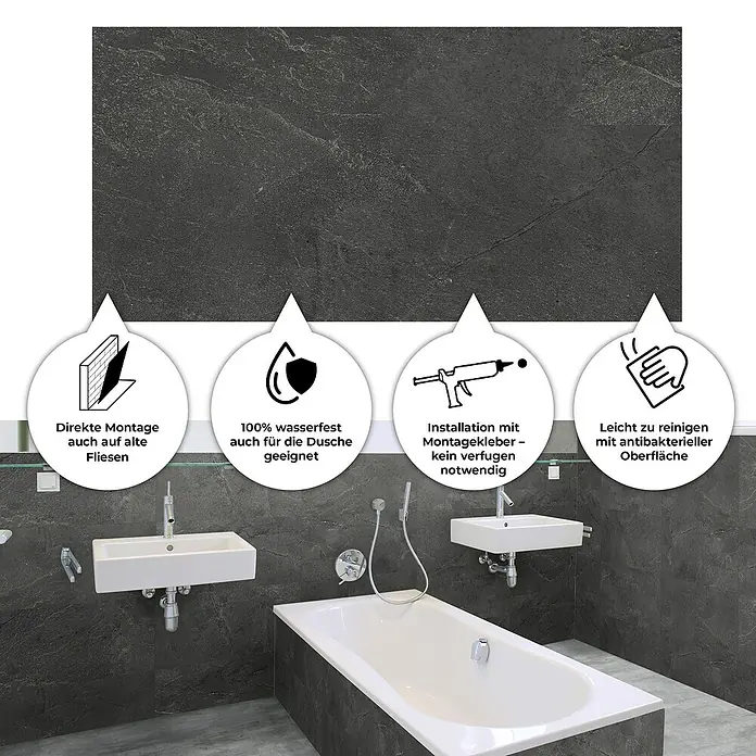 Revêt Wandpaneel SPC Wall - 600 x 300 mm, Schiefer - Badezimmer-Paneele in dunkler Steinoptik. Sie sind wasserfest, leicht zu reinigen und einfach zu montieren. Perfekt für die Dusche!