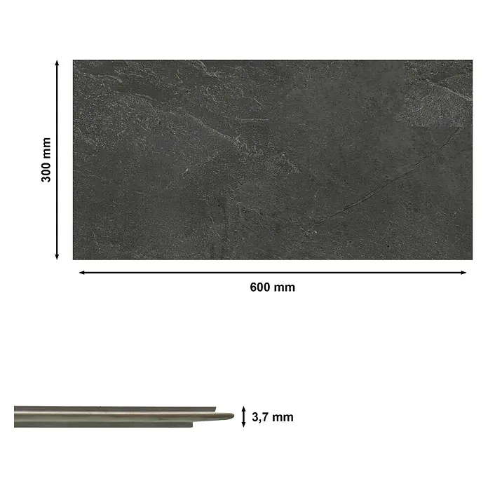 Revêt Wandpaneel SPC Wall - 600 x 300 mm, Schiefer - Graue Bodenfliese mit den Maßen 600 mm x 300 mm und einer Dicke von 3,7 mm. Ideal für stilvolle Innenräume.