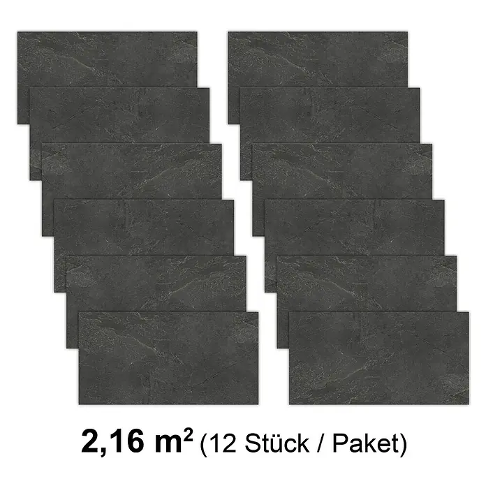 Revêt Wandpaneel SPC Wall - 600 x 300 mm, Schiefer - Abbildung von 12 dunklen Bodenfliesen, die 2,16 m² abdecken. Perfekt für moderne Wohnräume mit stilvollem Steindekor.