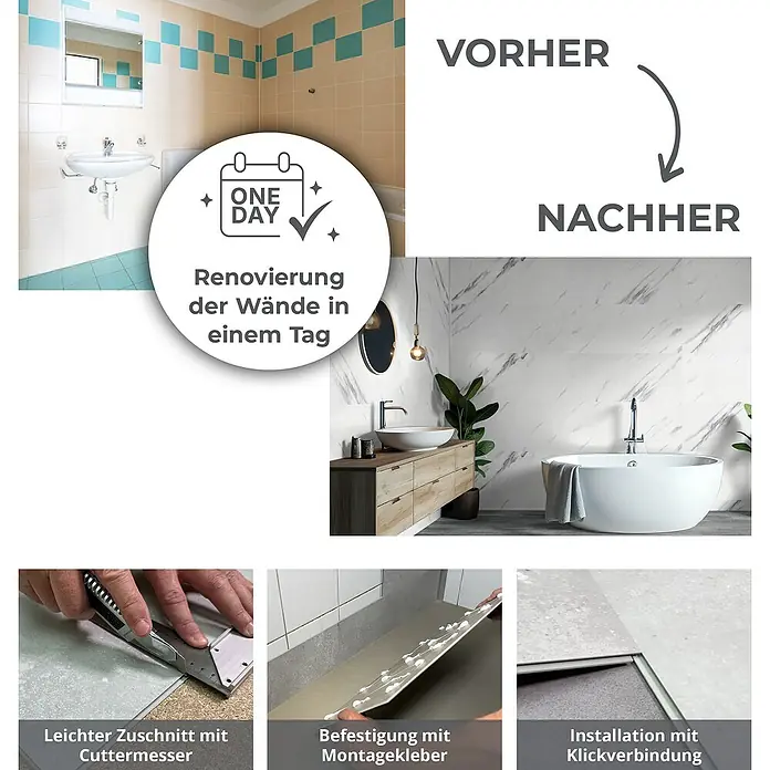 Revêt Wandpaneel SPC Wall - 600 x 300 mm, Grau - Bild zeigt eine Vorher-Nachher-Darstellung einer Badezimmerrenovierung mit neuen Wandpaneelen, inklusive Werkzeugen und Montagehinweisen.