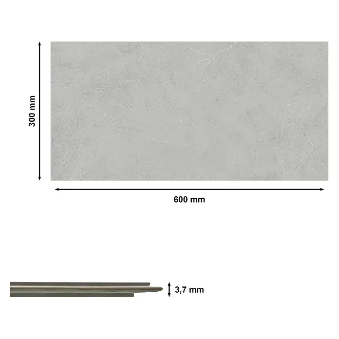 Revêt Wandpaneel SPC Wall - 600 x 300 mm, Grau - Produktbild: Eine 600x300 mm große, graue Bodenfliese mit einer Dicke von 3,7 mm. Perfekt für moderne Raumgestaltung.