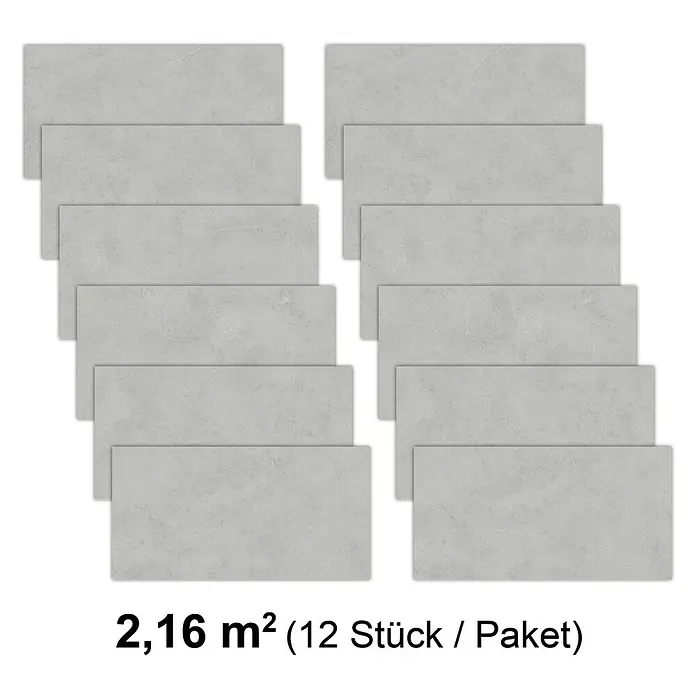 Revêt Wandpaneel SPC Wall - 600 x 300 mm, Grau - Abbildung von 12 grauen rechteckigen Wandfliesen. Die Fliesen haben eine Betonoptik und sind für Innenräume geeignet.