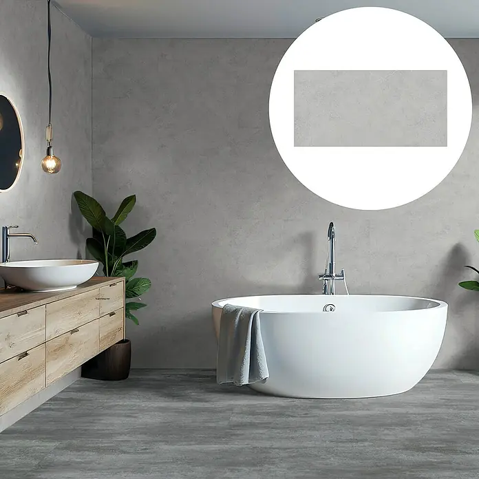 Revêt Wandpaneel SPC Wall - 600 x 300 mm, Grau - Badezimmer mit moderner grauer Wandfliese, die eine stilvolle und elegante Atmosphäre schafft. Perfekt für ein entspannendes Badeerlebnis.