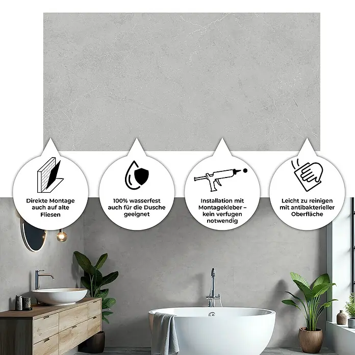 Revêt Wandpaneel SPC Wall - 600 x 300 mm, Grau - Bild einer Badewanne mit vier Symbolen, die die Eigenschaften der Badezimmerpaneele hervorheben: einfache Montage, wasserdicht, einfache Installation und antibakterielle Oberfläche.